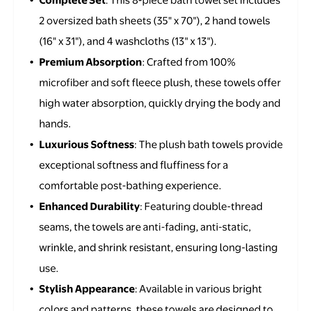 8 Piece Bath Towel Set | 2 Large Bath Towels Sheet, 2 Hand Towels & 4 Washcloths - Picture 10 of 10
